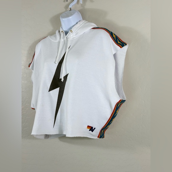 Aviator Nation BOLT STRIPE SLEEVELESS RELAXED CROPPED PULLOVER HOODIE - WHITE - Picture 5 of 7